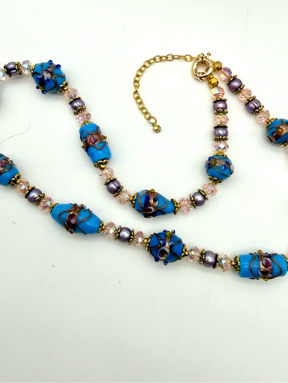 Artisan Blue Lampwork Glass & Lavendar Freshwater Pearl Necklace - Picture 4 of 7